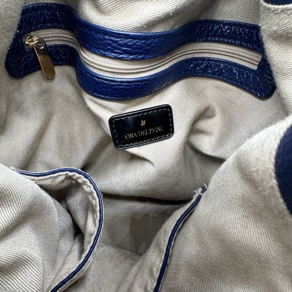 Ora Delphine Blue Leather Bucket Bag with gold trim. - Picture 9 of 10